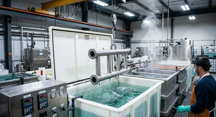 Entech passivation production floor — chemical baths and overhead hoist