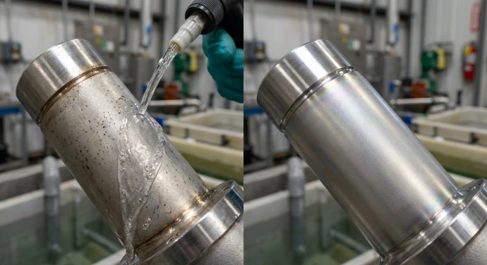 Side-by-side: a contaminated stainless cylinder being rinsed (left) compared with the same part after passivation (right)