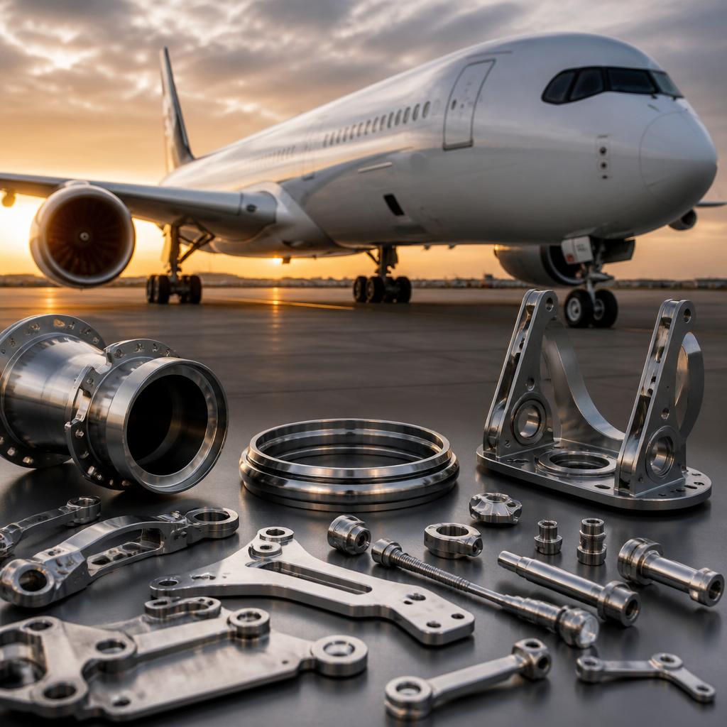 Commercial airliner at sunset with finished aerospace components on the tarmac