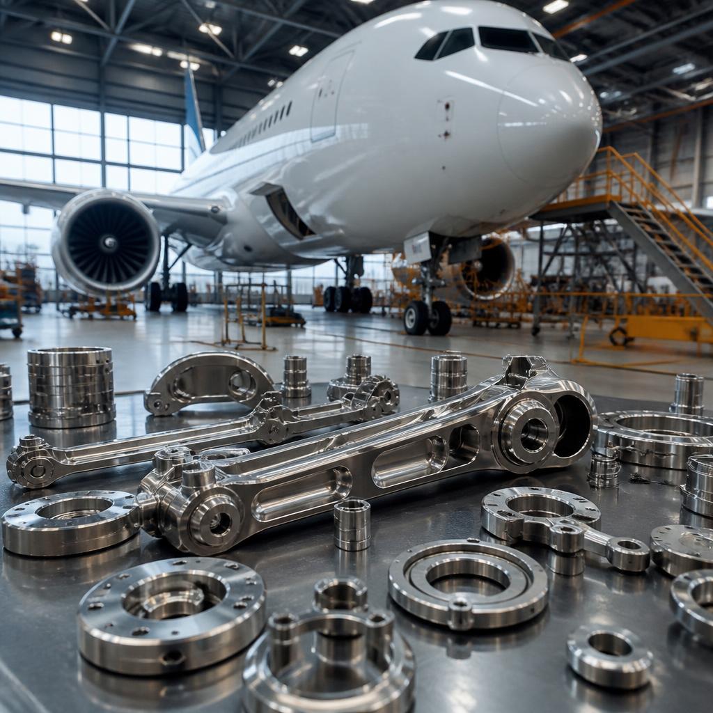 Aircraft hangar with airliner and finished aerospace parts staged on a workbench