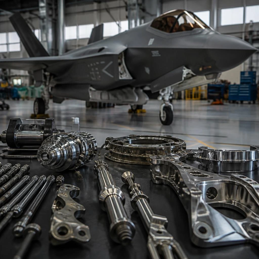 Fighter aircraft and precision aerospace parts staged on a hangar floor