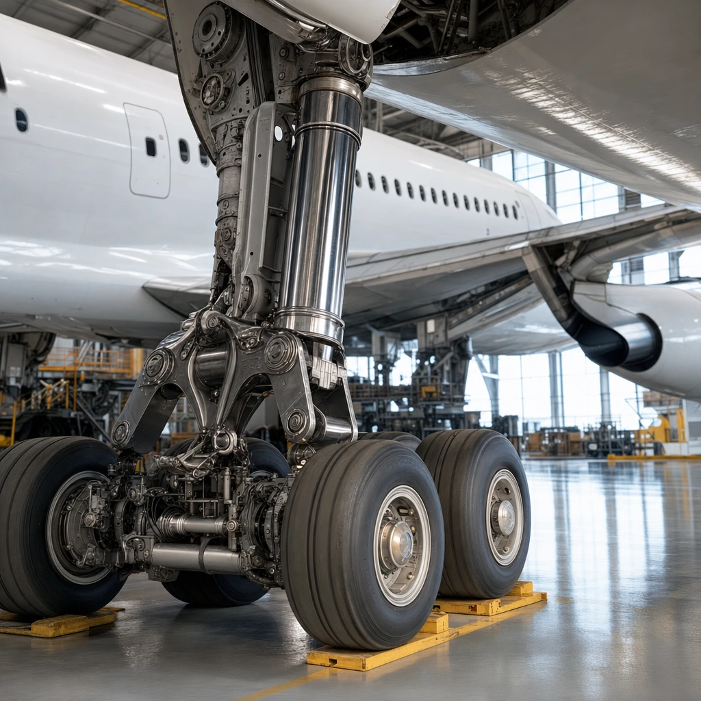 Jet engine and finished components in an aircraft hangar